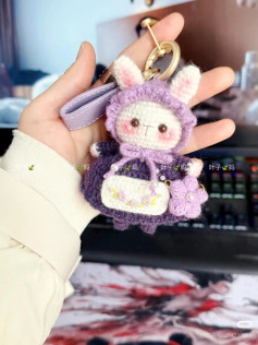 Crochet Pattern: Cute Purple Bunny Keychain with Flower Bag