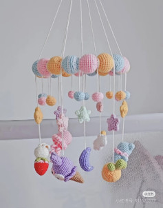 Crochet Pattern for Baby Mobile with Pastel Balls, Stars, and Amigurumi Characters