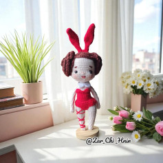 Crochet Pattern for Bunny Girl Amigurumi Doll with Red Ears