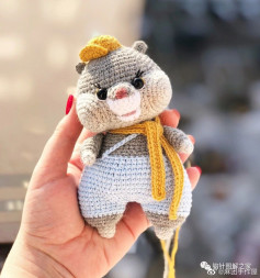 Crochet Pattern for Chubby Hamster Doll with Blue Overalls and Yellow Scarf