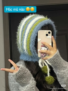 Crochet Pattern for Colorful Striped Mohair Beanie Hat with Pom Poms