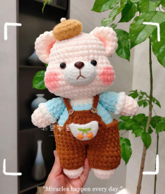 Crochet Pattern for Cute Big Bear with Overalls and Cherry Pocket