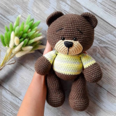 Crochet Pattern for Cute Brown Teddy Bear with Striped Shirt and Bow Tie Accessories