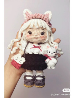 Crochet Pattern for Cute Girl Doll with Cat Ears and Accessories