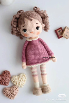 Crochet Pattern for Cute Girl Doll with Pink Dress and Braids