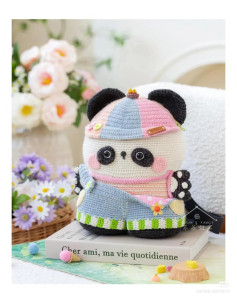 Crochet Pattern for Cute Panda Backpack Bag with Colorful Hat and Overalls