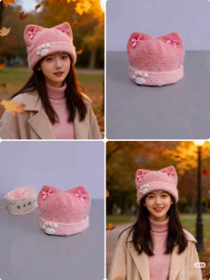 Crochet Pattern for Cute Pink Cat Ear Beanie with Paws