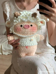 Crochet Pattern for Cute Sheep Pig Amigurumi Doll with Woolly Hat and Pink Blush