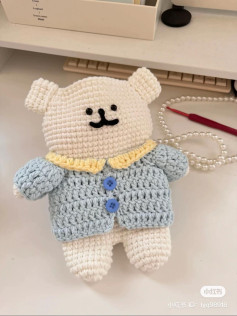 Crochet Pattern for Cute White Dog Jojo with Blue Jacket and Yellow Collar