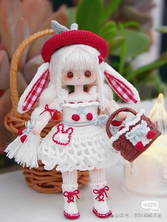 Crochet Pattern for Cute White Rabbit Girl Doll with Red Hat and Basket