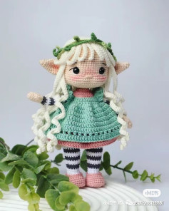 Crochet Pattern for Green Dress Elf Fairy Doll with White Hair