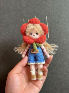 Crochet Pattern for Little Girl with Red Flower Hat and Blue Overalls Amigurumi Doll