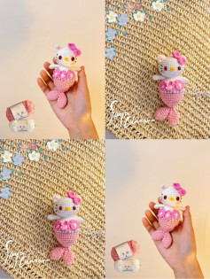 Crochet Pattern for Pink and White Hello Kitty Mermaid Amigurumi Doll with Flower Skirt