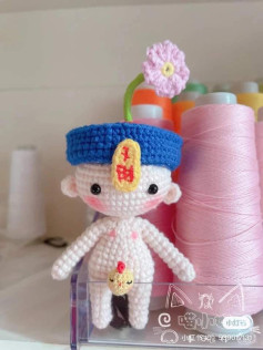 Crochet Pattern Tutorial for Cute Ma Gang Shi (Chinese Vampire) Amigurumi Doll with Blue Hat and Pink Flower