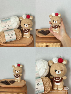 Crochet Pattern Tutorial for Rikakuma Bear with Cherry and Cream Hat
