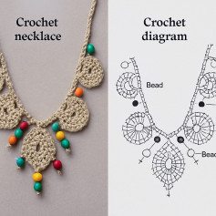 Crochet Patterns Collection: Beaded Necklace, Geometric Keychain, and Black Lace Collar Diagrams
