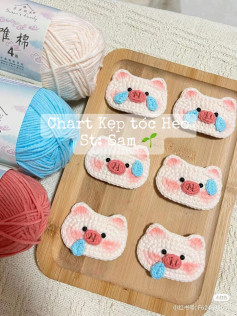 Crochet Pig Hair Clip Pattern Chart with Crying Expression and Materials