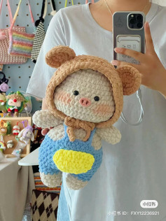 Crochet Piglet Amigurumi Pattern: Cute Pig Doll in Blue Overalls with Hoodie Chart