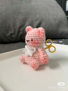 Crochet Pink Teddy Bear Pattern Chart with White Bow and Keychain Ring