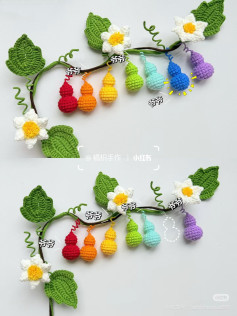 Crochet Rainbow Gourd Branch with Flowers and Leaves Pattern