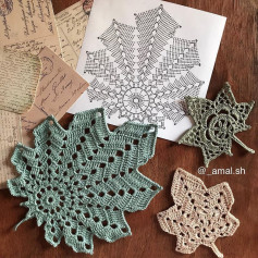 Crochet Star Leaf Doily Pattern Chart and Finished Samples in Green, Beige, and Grey