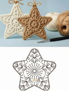 Crochet Star Ornament Flat Chart Pattern with Beige and White Yarn