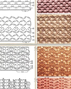 Crochet stitch patterns and charts for bags, featuring shell, fan, and textured designs with detailed diagrams