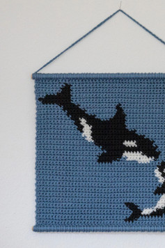Crochet Tapestry Pattern: Orca and Calf on Blue Background