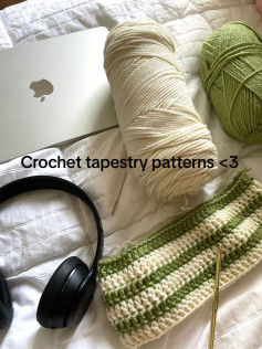 Crochet tapestry patterns featuring cute unicorn, bear with apples, duck and heart designs