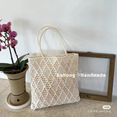 Crochet Tote Bag Pattern: Handmade Beige Bag with Diamond Stitch Design Chart