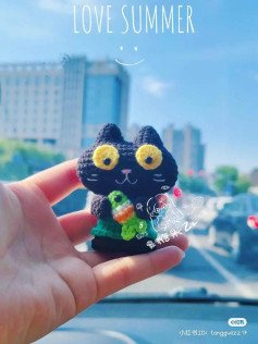 Cute Black Cat Amigurumi Crochet Pattern Chart Holding a Green Fish