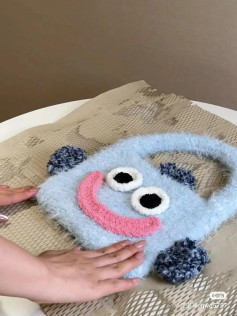 Cute Blue Fish Monster Crochet Bag Pattern Chart with Pink Smile and Fuzzy Texture