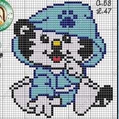 Cute Cartoon Character Cross Stitch Pattern Chart in Blue and Black