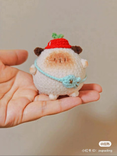 Cute Chubby Cat Amigurumi Pattern with Red Strawberry Hat and Blue Bag
