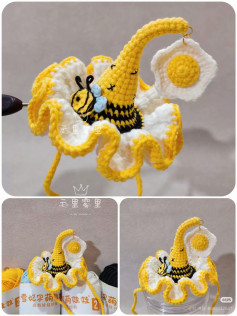 Cute Crochet Elf Hat with Bee and Fried Egg Pattern Chart