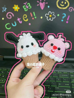Cute Crochet Ice Cream Cone Pattern: Loopy Bear and Pochacco Dog Amigurumi Free Chart