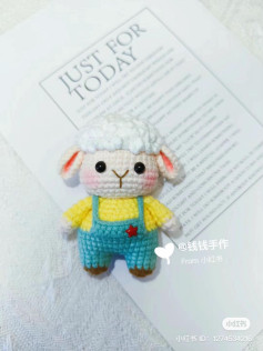Cute Crochet Sheep Doll with Blue Overalls and Red Star Pattern