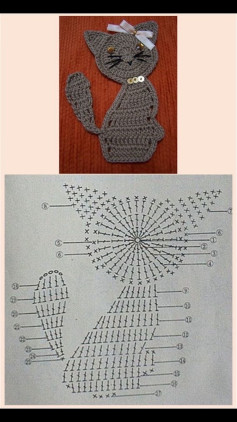 Cute Gray Crochet Cat Applique with Flat Chart Pattern and Bow Detail