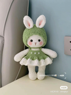 Cute Green and White Crochet Rabbit Doll in Hooded Dress with Pattern Chart