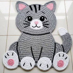 Cute Grey Sitting Cat Crochet Rug Flat Chart Pattern with Paws and Pink Accents
