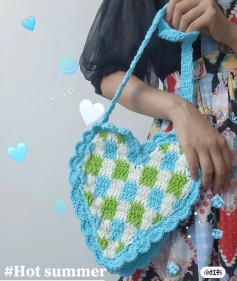 Cute Heart Shaped Crochet Bag Chart with Colorful Checkered Pattern and Detailed Stitch Diagram
