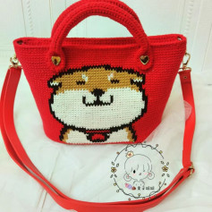 Cute Shiba Inu Pixel Chart Pattern for Red Crochet Tote Bag