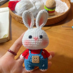 Cute White Bunny Amigurumi Crochet Pattern with Blue Overalls and Red Shirt