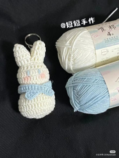 Cute White Crochet Rabbit Keychain Pattern with Blue Scarf