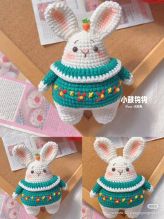 Cute White Rabbit Amigurumi in Green Sweater with Carrot Top