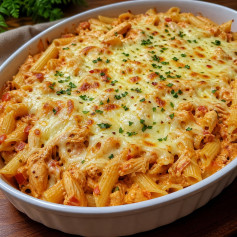 Delicious Creamy Chicken Pasta Bake with Golden Melted Mozzarella and Fresh Parsley Garnish