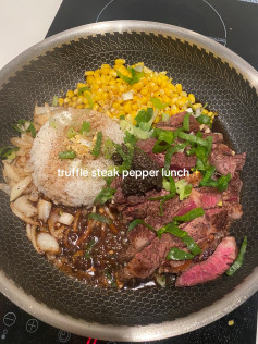 Delicious Truffle Steak Pepper Lunch with Corn and Onions Recipe