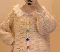 DIY Creamy Crochet Cardigan Pattern with Colorful Buttons and Scalloped Collar