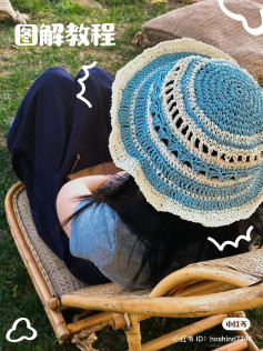 DIY Crochet Summer Hat Pattern: Blue and Cream Wide Brimmed Sun Hat with Wavy Edges Tutorial
