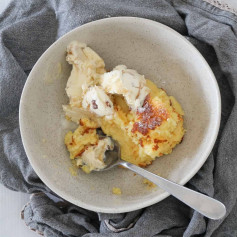 Easy Lemon Delicious Pudding with Vanilla Ice Cream